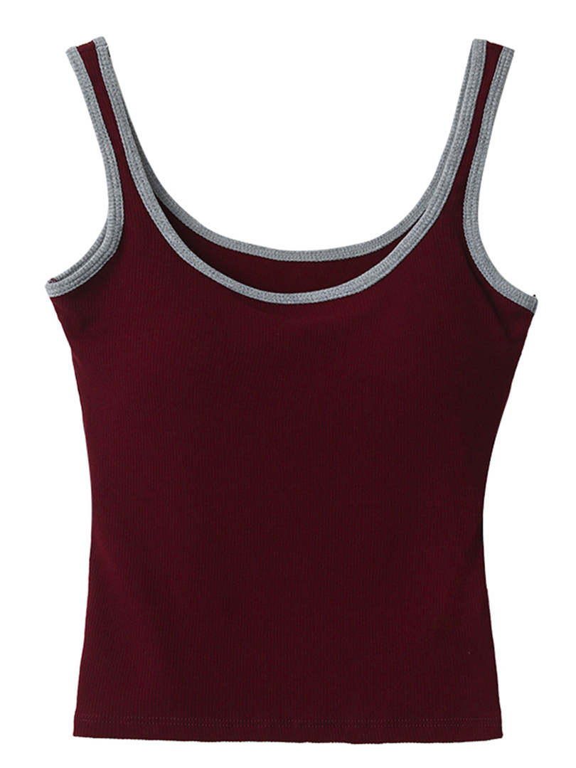 Burgundy ribbed tank top with gray trim laid flat on a white background
