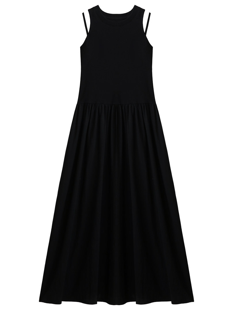 Black sleeveless maxi dress on a white background