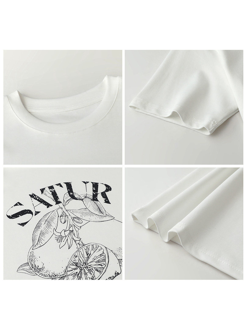 White graphic T-shirt shown in close-up detail views