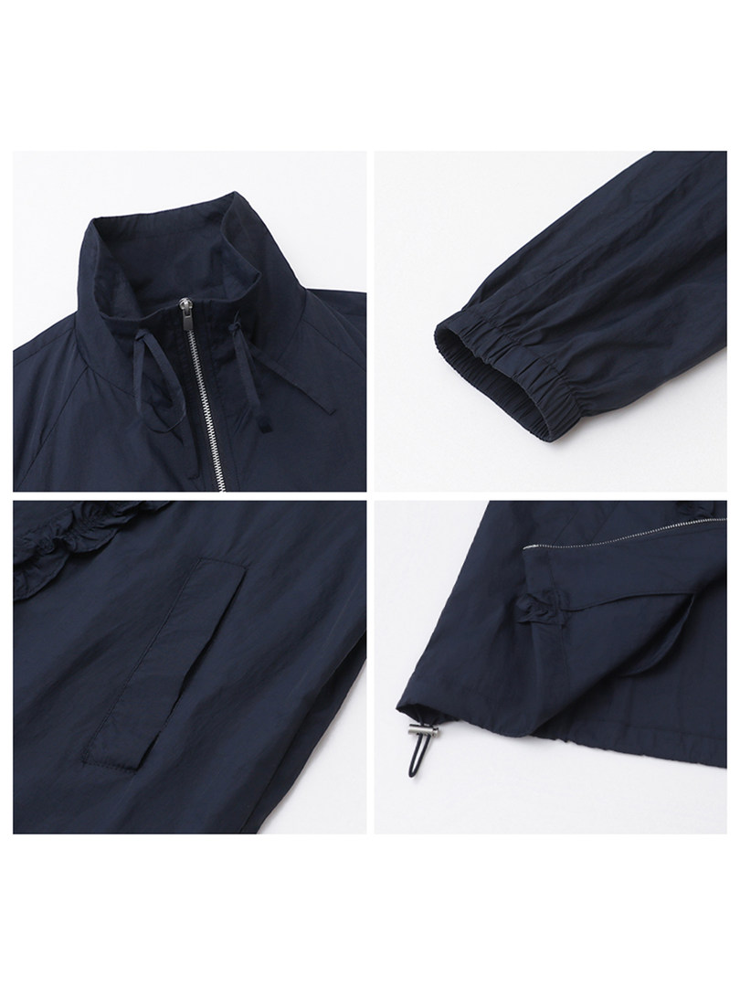 Navy zip-up jacket shown in close-up detail views