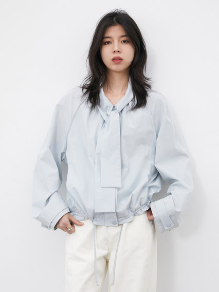 Model wearing a light blue tie-neck blouse with a relaxed fit