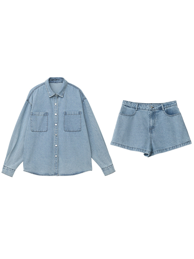 Light blue denim button-up shirt and matching shorts laid flat on a white background