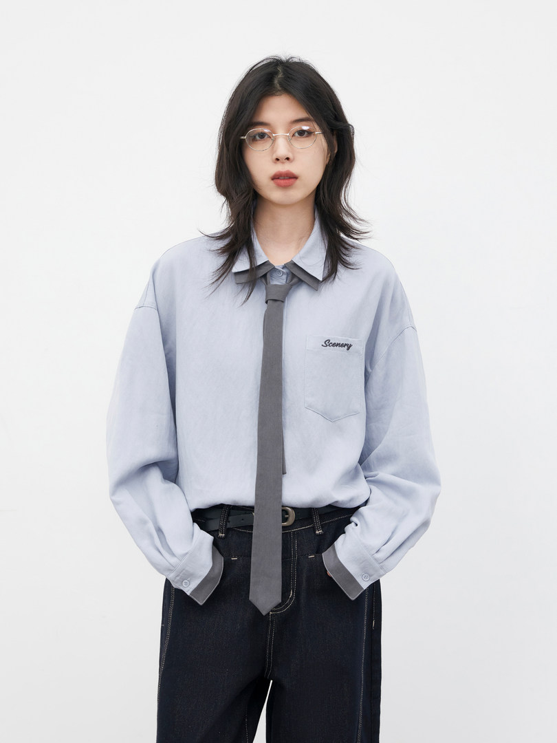 Model wearing a light blue button-up shirt with a gray tie and dark jeans