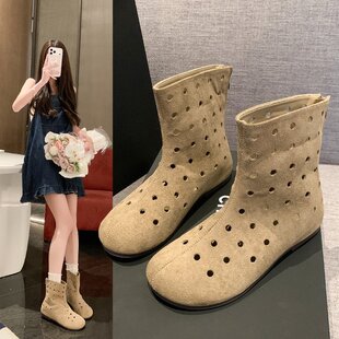 韩版镂空内增高短靴女2026夏款透气女靴子圆头小众套筒时装西部靴