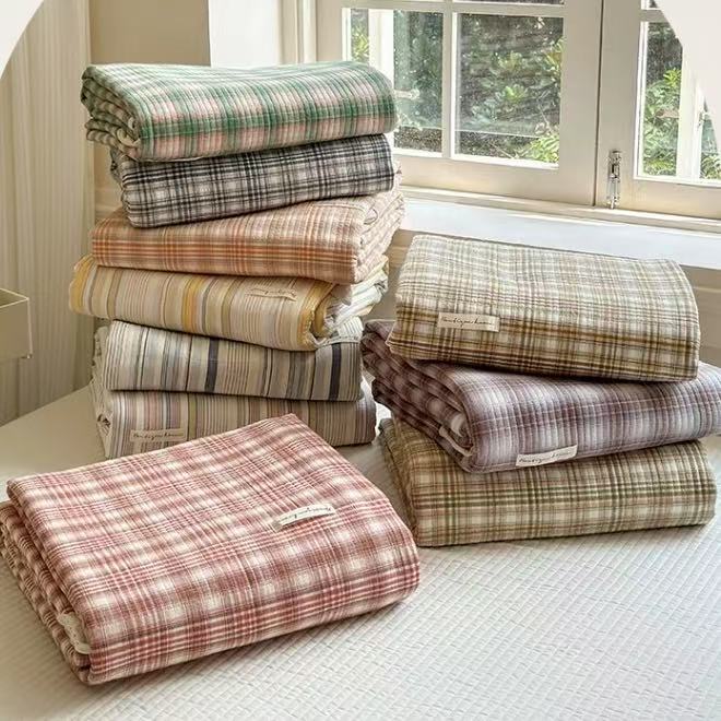 甜心·轻法式全棉水洗棉色织格子花边床盖三件套