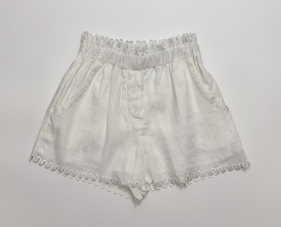 26春夏新款 法式复古简约波浪花边纯色亚麻宽松休闲百搭短裤女士