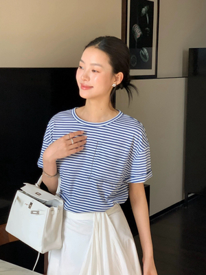 早春新款 小众法式纯棉复古圆领蓝色条纹口袋短袖T恤上衣