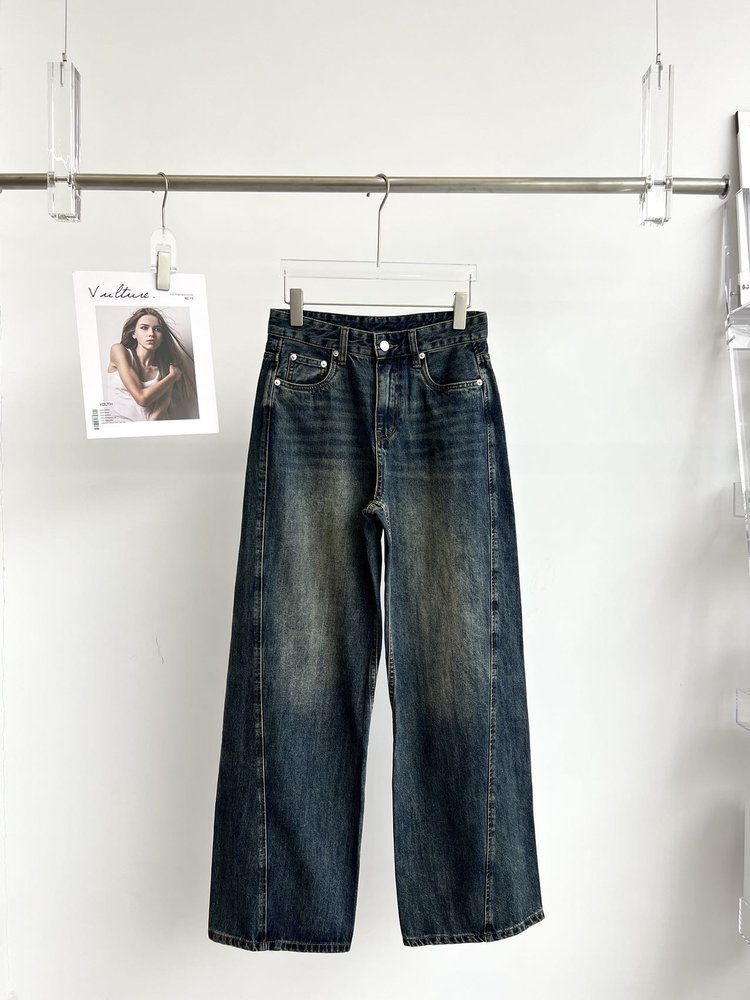 25秋冬新款 复古水洗做旧中腰精裁及地牛仔阔腿裤女士