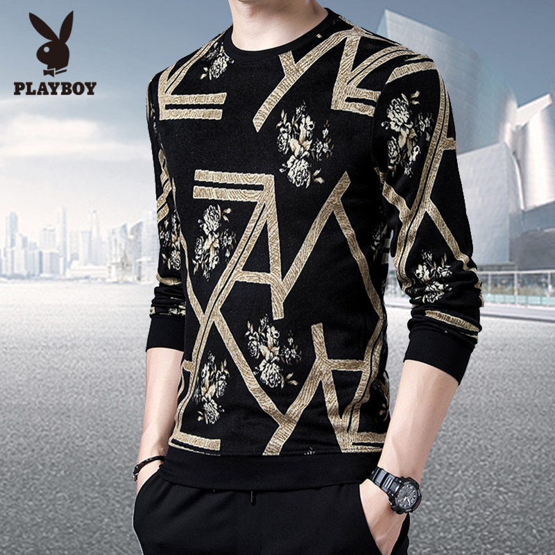 花花公子男士长袖t恤商务休闲潮流印花卫衣春秋打底衫男装上衣服