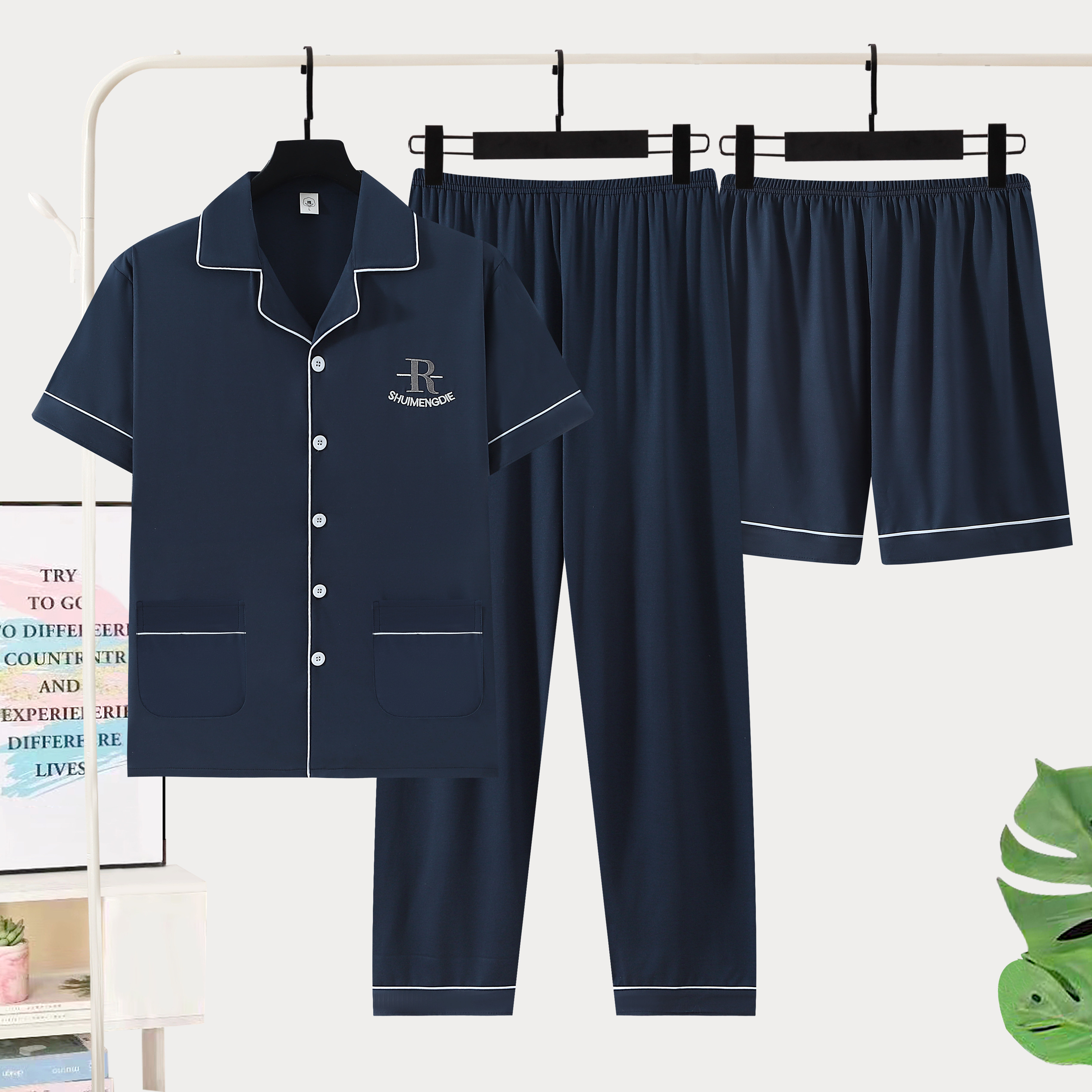 高级100%纯棉男士睡衣三件套薄款短袖短裤家居服长裤男款夏季套装