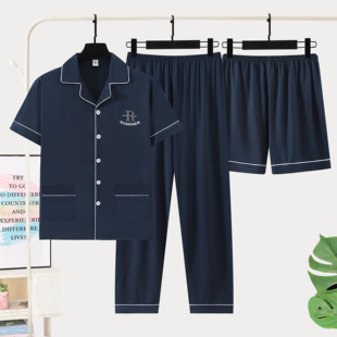 高级100%纯棉男士睡衣三件套薄款短袖短裤家居服长裤男款夏季套装
