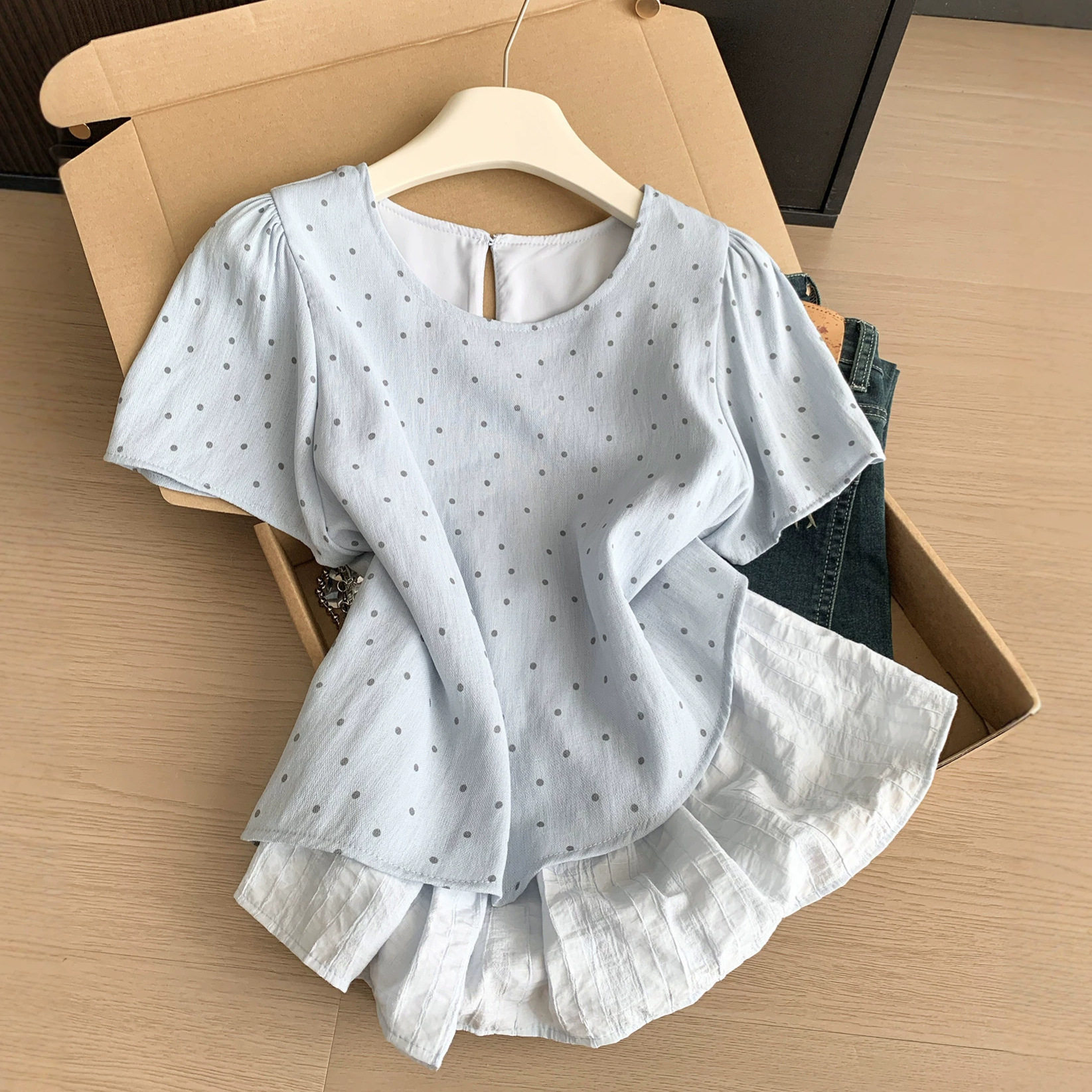 韩系温柔风假两件波点短袖衬衫女夏宽松显瘦娃娃领小衫上衣A11766