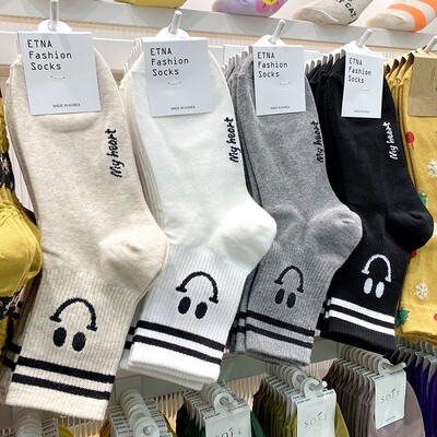 ETNA韩国袜子女笑脸双杠中筒棉袜