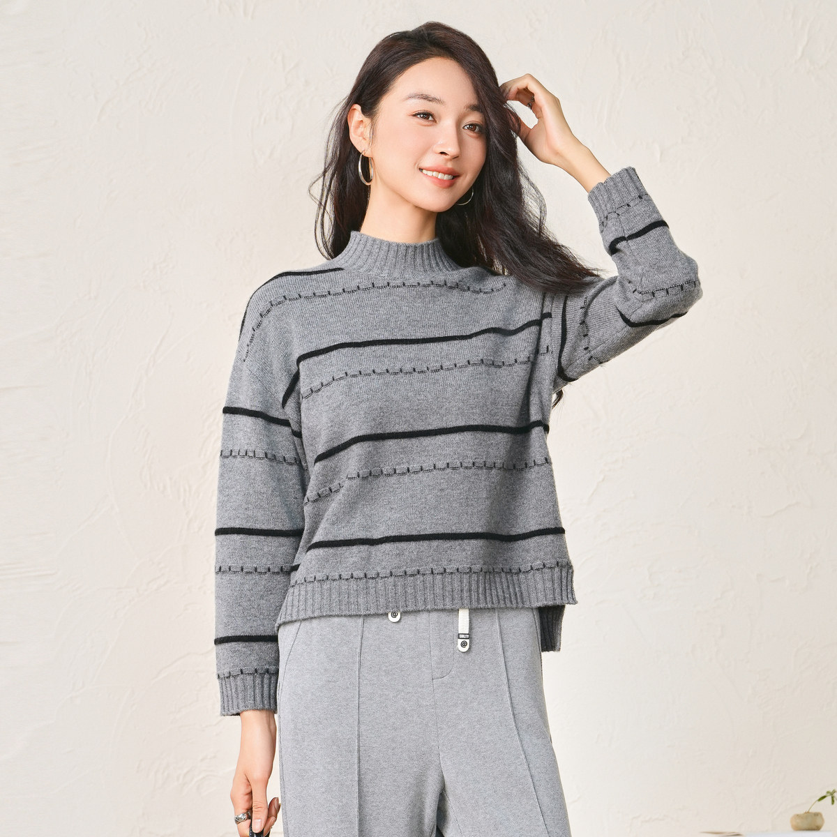 春竹100%绵羊毛秋冬半高领条纹针织衫慵懒风休闲保暖女套衫打底衫