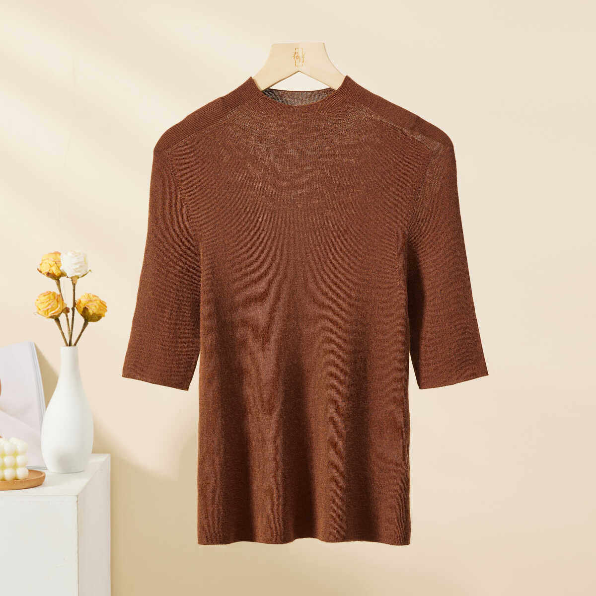 春竹25春夏薄款半高领纯色半袖收腰显瘦打底衫桑蚕丝上衣女针织衫