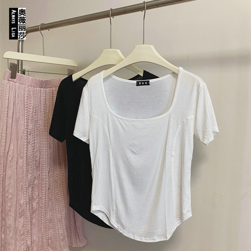 方领莫代尔短袖2024春夏法式方领短款大领口上衣露锁骨紧身t恤女