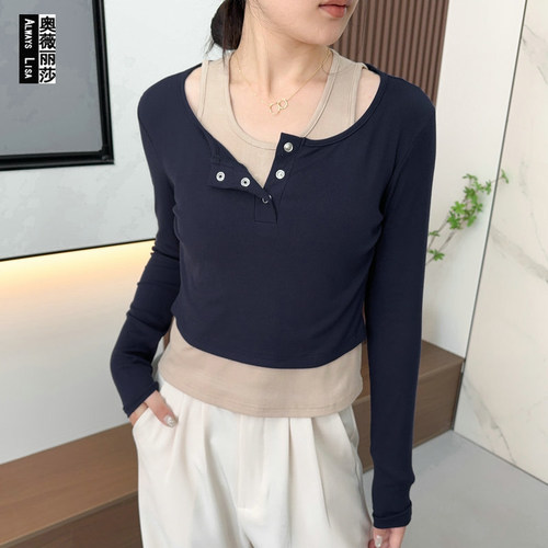 韩系女秋冬季螺纹弹力半开领假两件T恤衫修身显瘦气质打底衫上衣