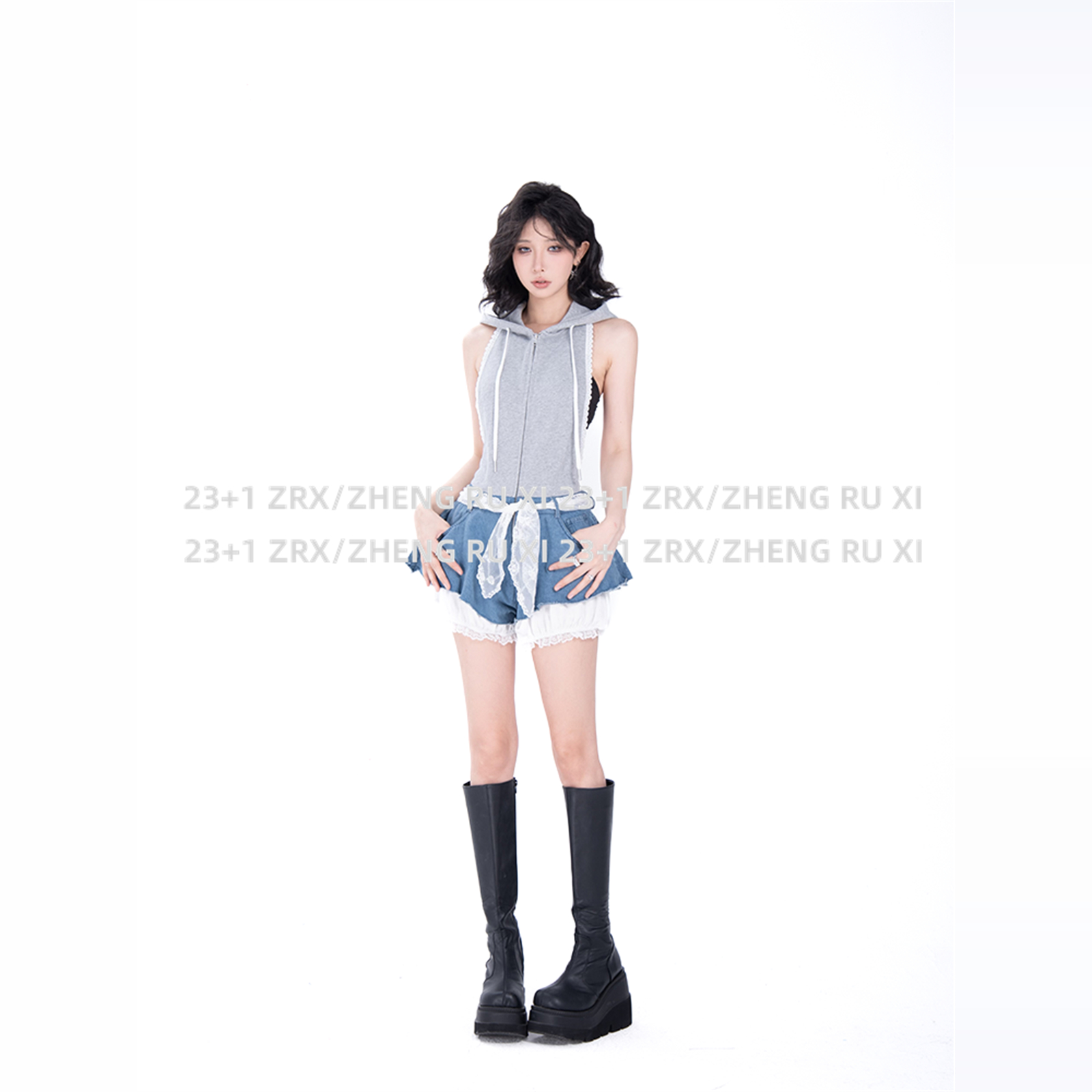 付新博女装大露背拼接牛仔连体裤女小众辣妹镂空设计连衣裤13840