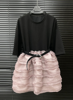 付新博女装拼接蛋糕裙连衣裙女小众撞色网纱荷叶边蓬蓬短裙14861