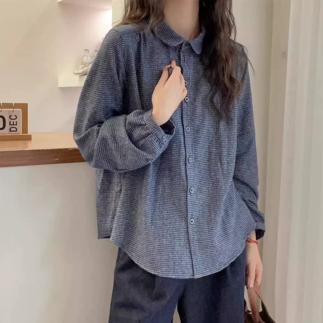 「复古小格子 高级感」磨毛衬衫女 春款百搭小众宽松气质衬衣S040