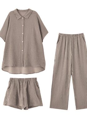睡衣女夏天纯棉纱布薄款五分袖长款短裤小众宽松条纹家居服