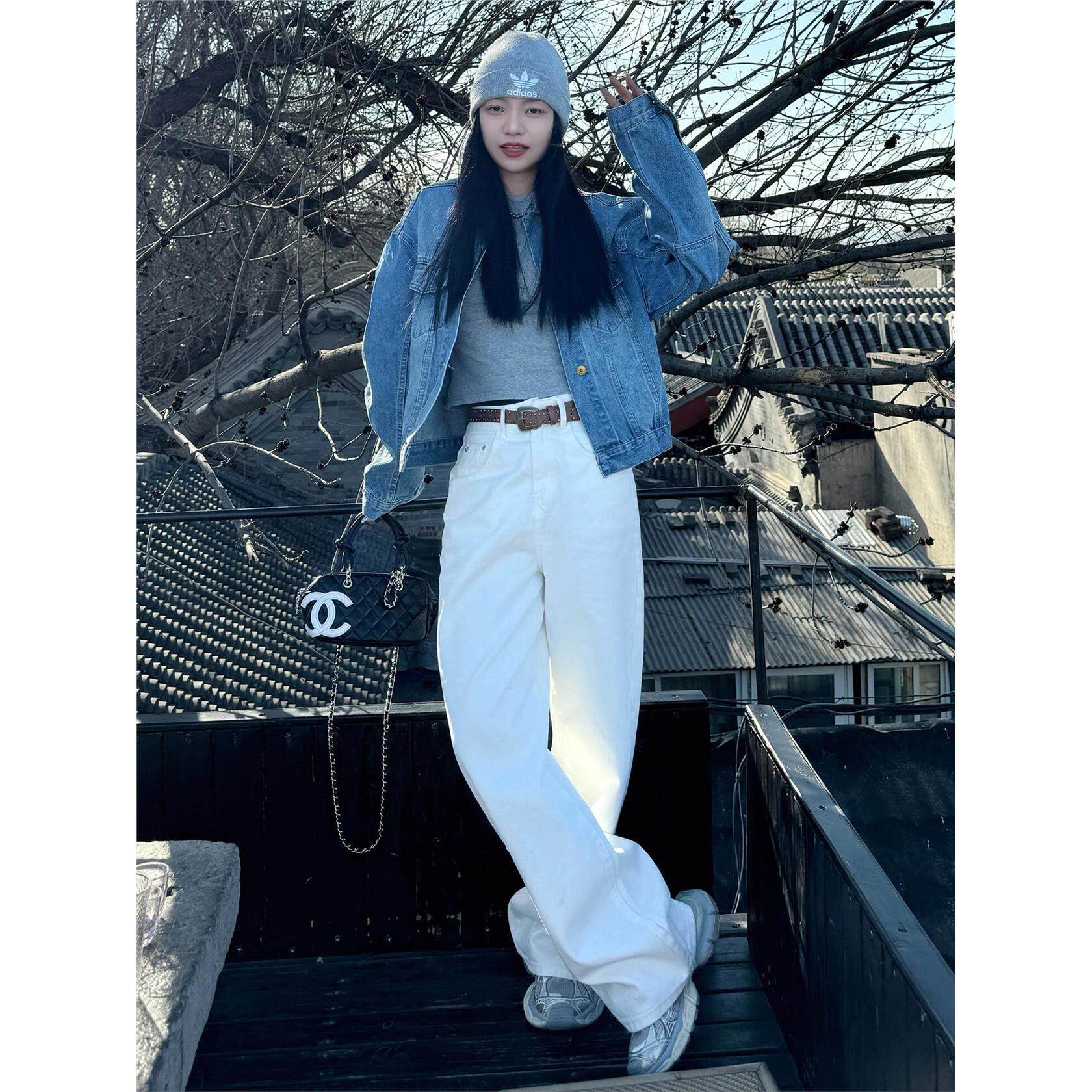 美式白色阔腿牛仔裤女小个子今年流行高腰垂感休闲显瘦直筒拖地裤