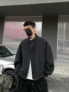 复古潮牌外套欧货高端男士立领双面羊绒时尚百搭毛呢宽松外套羊毛