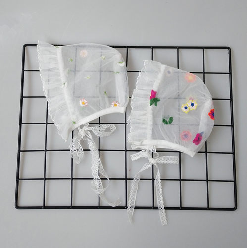 婴幼儿遮阳出游网纱刺绣花边帽子