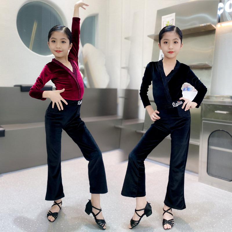 新款秋冬女儿童拉丁舞练功服2026长袖高级感分体专用喇叭裤子套装