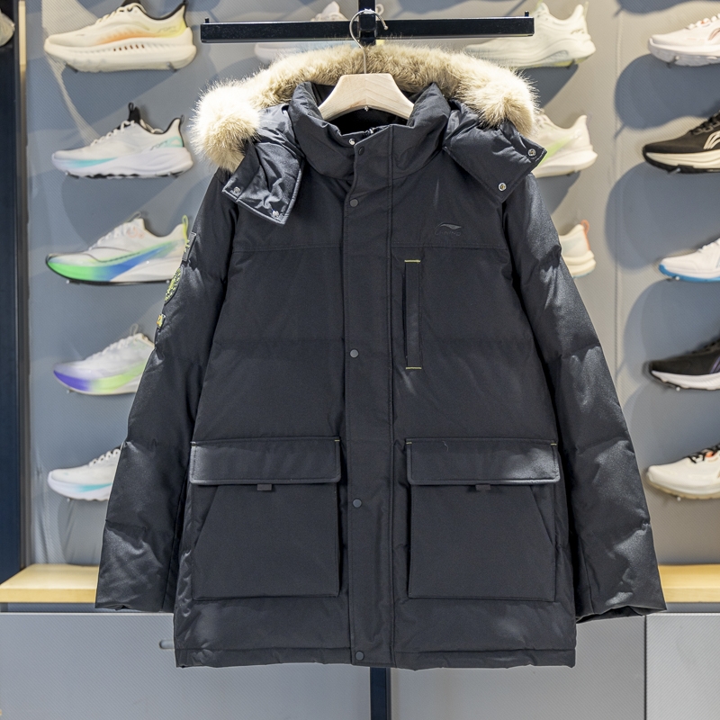 李宁保暖连帽中长款男子羽绒服