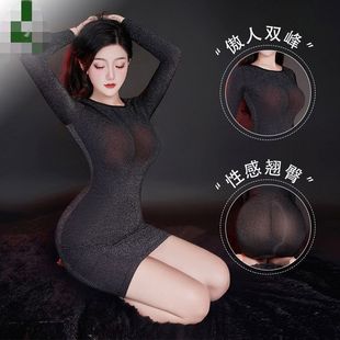 显瘦弹力超薄连衣裙战袍女圆领优雅性感银丝微透露心机包臀修身裙