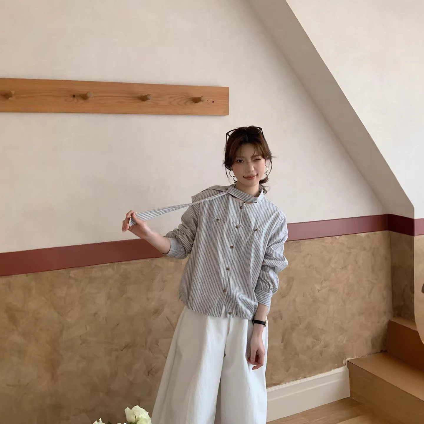 26春衬衫条纹长袖飘带衬衫新款学院风宽松休闲韩版上衣慵懒风衬衫,女装/女士精品,衬衫,淘宝优惠券,粉丝福利购,淘宝优惠卷
