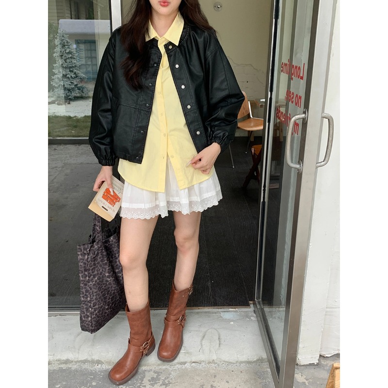 3th Morning 曼城街区 韩系简约圆领宽松PU皮衣外套ZY3505