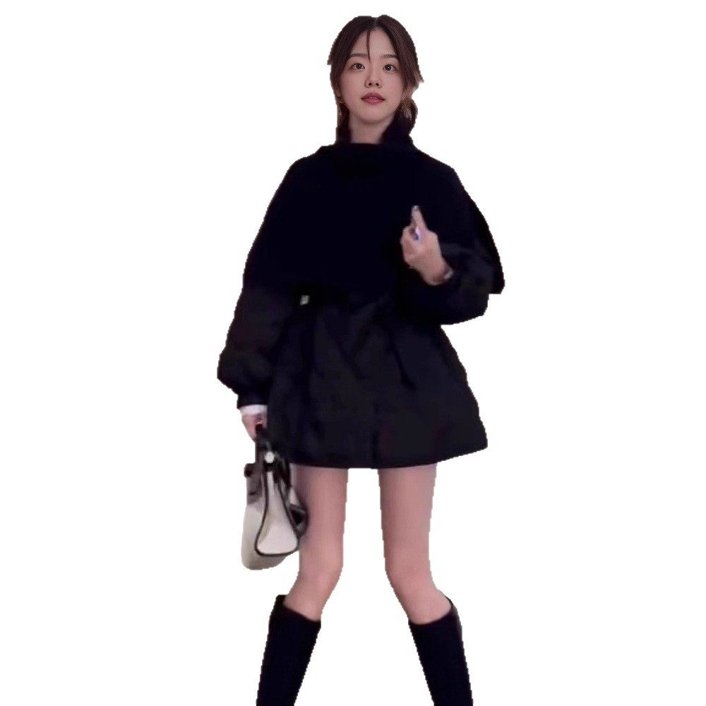 韩系针织披肩+收腰羽绒服女2025冬季新宽松中长款系带白鸭绒外套