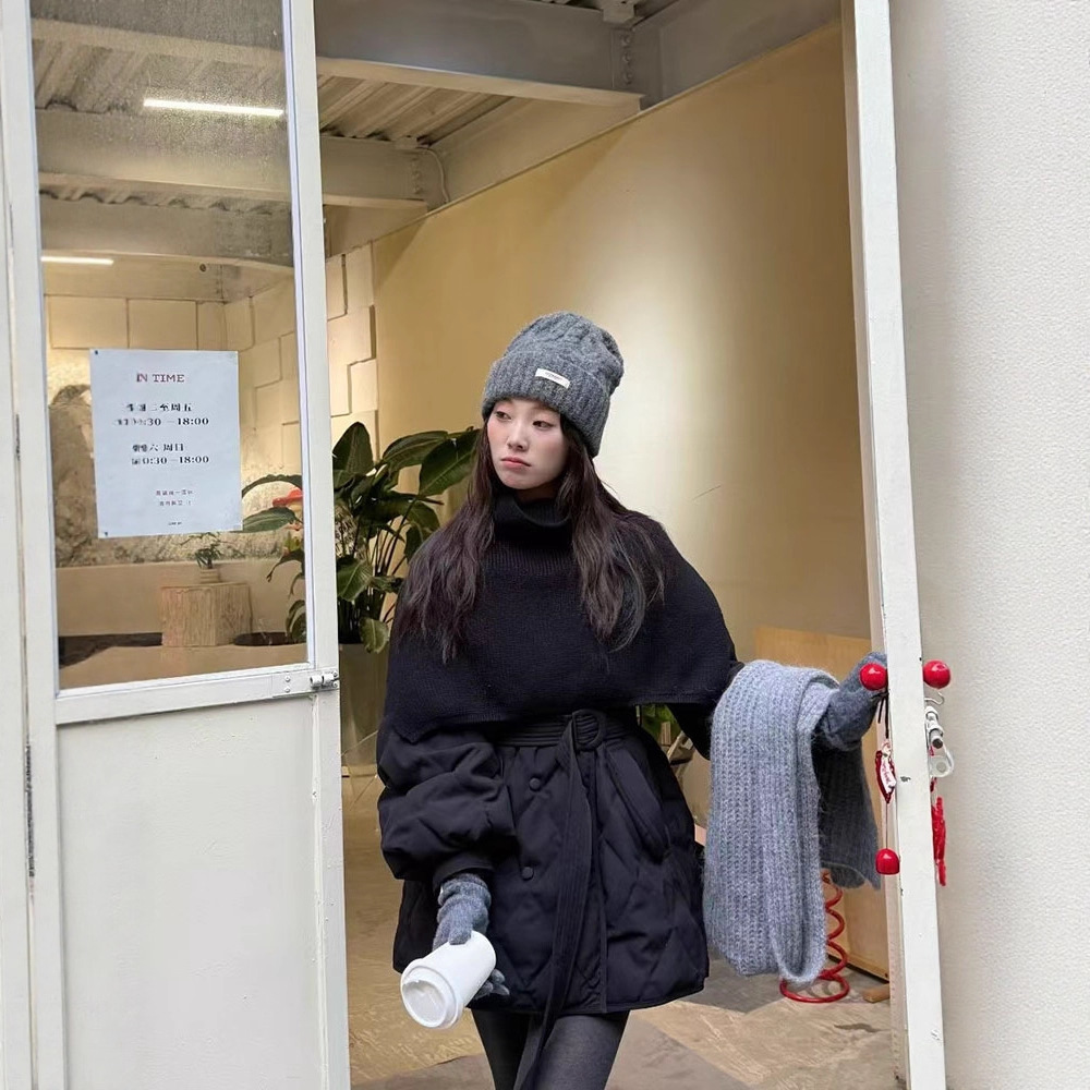 韩系2025冬新款小香风披肩菱形格收腰羽绒服女2025设计白鸭绒外套