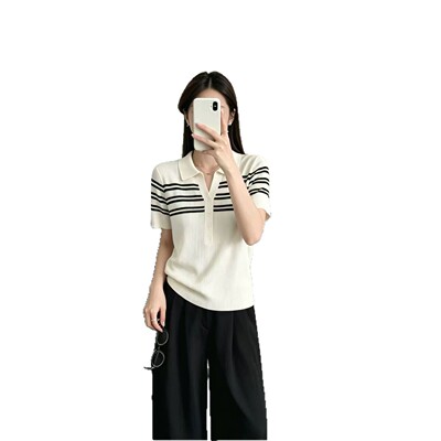 26年夏款针织衫条纹短袖女宽松休闲韩版学院风冰亚麻针织T恤短袖