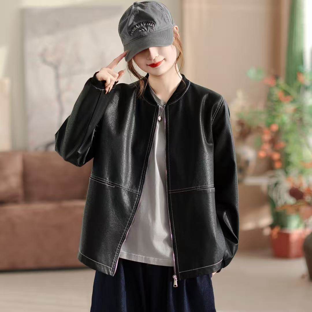 26年春款皮衣外套女长袖明线开衫棒球领外套上衣宽松休闲韩版外套,女装/女士精品,皮衣,淘宝优惠券,粉丝福利购,淘宝优惠卷