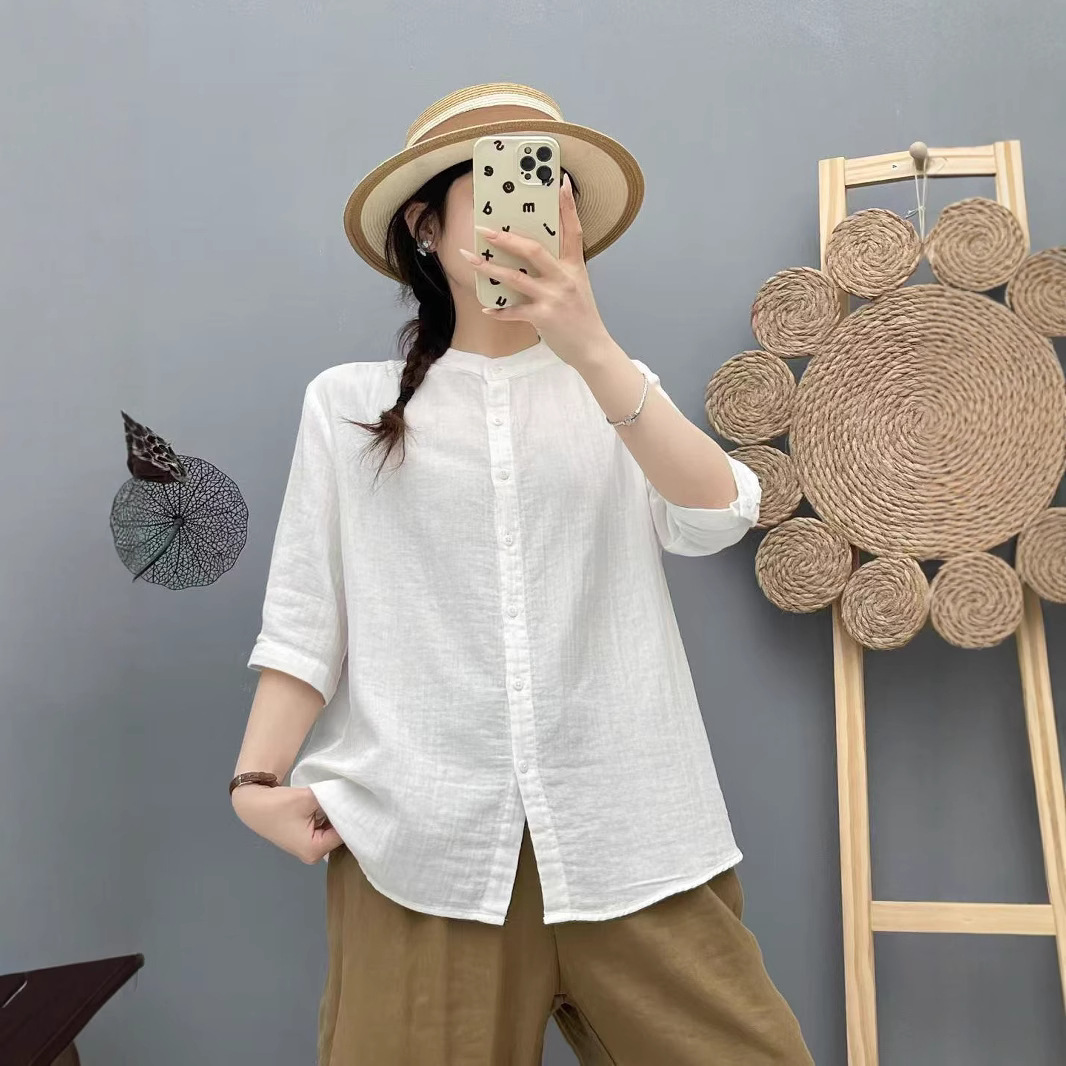 25年夏款衬衫短袖女宽松休闲韩版学院风中袖双层棉纱衬衣短袖上衣