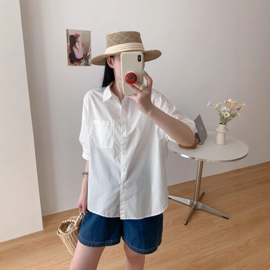 25年夏款衬衫短袖女宽松休闲全棉衬衫半袖宽松休闲学院风短袖上衣