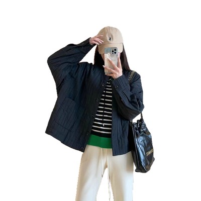 WTHEONE韩系休闲条纹绗绣压花小个子宽松显瘦圆领夹克外套女2025