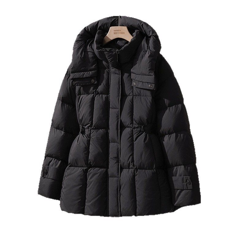 小个子黑色连帽鸭绒外套2025秋冬女装修身收腰显瘦中长款羽绒服女