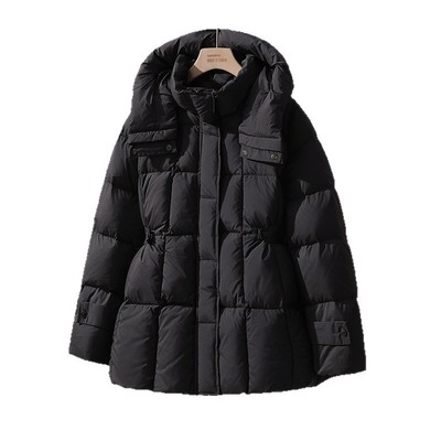 小个子黑色连帽鸭绒外套2025秋冬女装修身收腰显瘦中长款羽绒服女