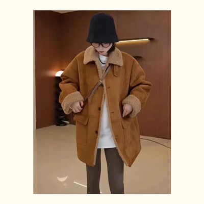 韩系中长款麂皮绒羊羔毛外套女秋冬2025新款宽松显瘦保暖皮毛一体