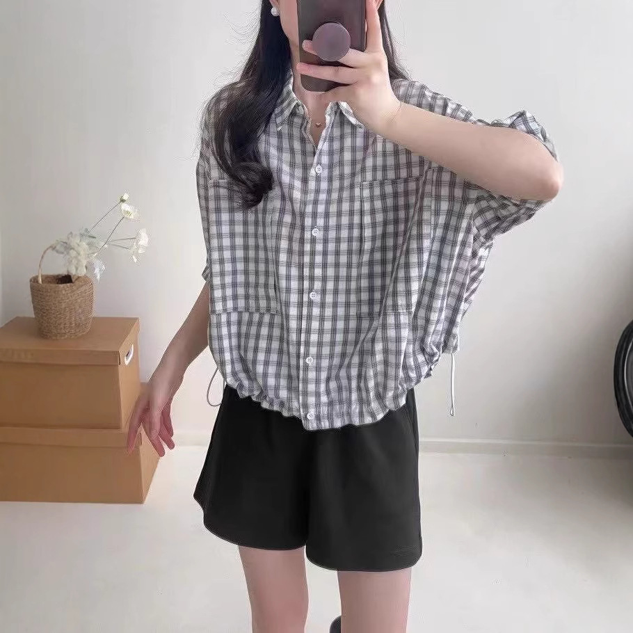 25年夏款衬衫格子短袖女宽松休闲韩版学院风上衣薄款亲肤透气短袖