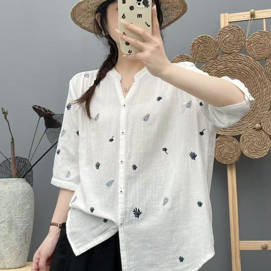 25夏款衬衫短袖女V领双层纱中袖满印宽松休闲韩版学院风短袖亲肤