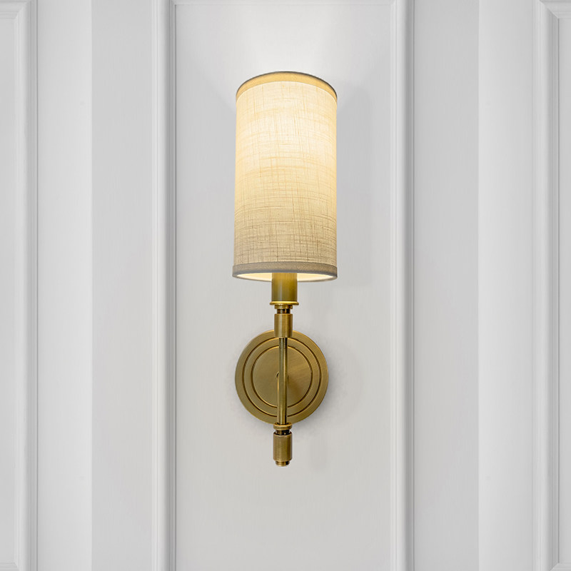 现代简约全铜壁灯美式客厅背景墙卧室床头灯书房过道手工布罩壁灯