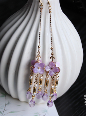 长耳环紫色花朵双面古风水滴清新气质耳坠子可爱汉服耳饰耳夹超仙