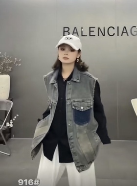 正版 标准版牛仔马甲牛仔背心复古做旧薄牛仔外套韩版宽松大学生