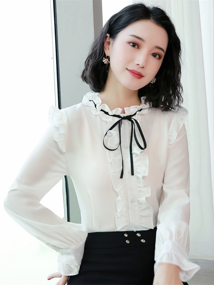 韩系chic百搭2019春装新款气质淑女荷叶边蝴蝶结上衣木耳边白色雪在类目 女装/女士精品, 衬衫中 - 来自Buy2taobao.com提供专业的淘宝代购服务