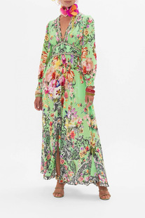 Camilla2026春夏新款绿色青花陶瓷花卉图案度假长裙